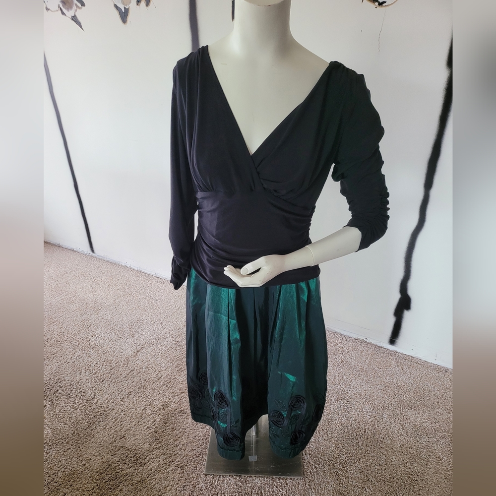 Holiday or Cocktail Dress | S.L. Fashions Emerald Green and Black Formal Dress